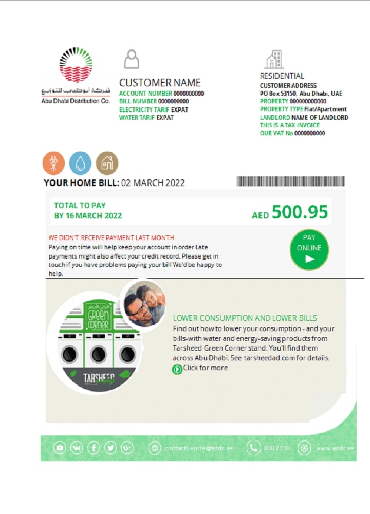 UAE Abu Dhabi Distribution Co. utility bill template in Word and PDF format